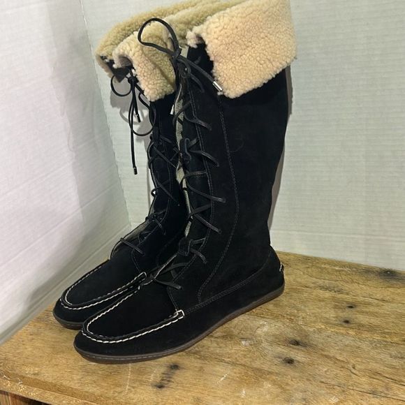 Sperry topsider tall black moccasin boots Sherpa lace‎ up booties